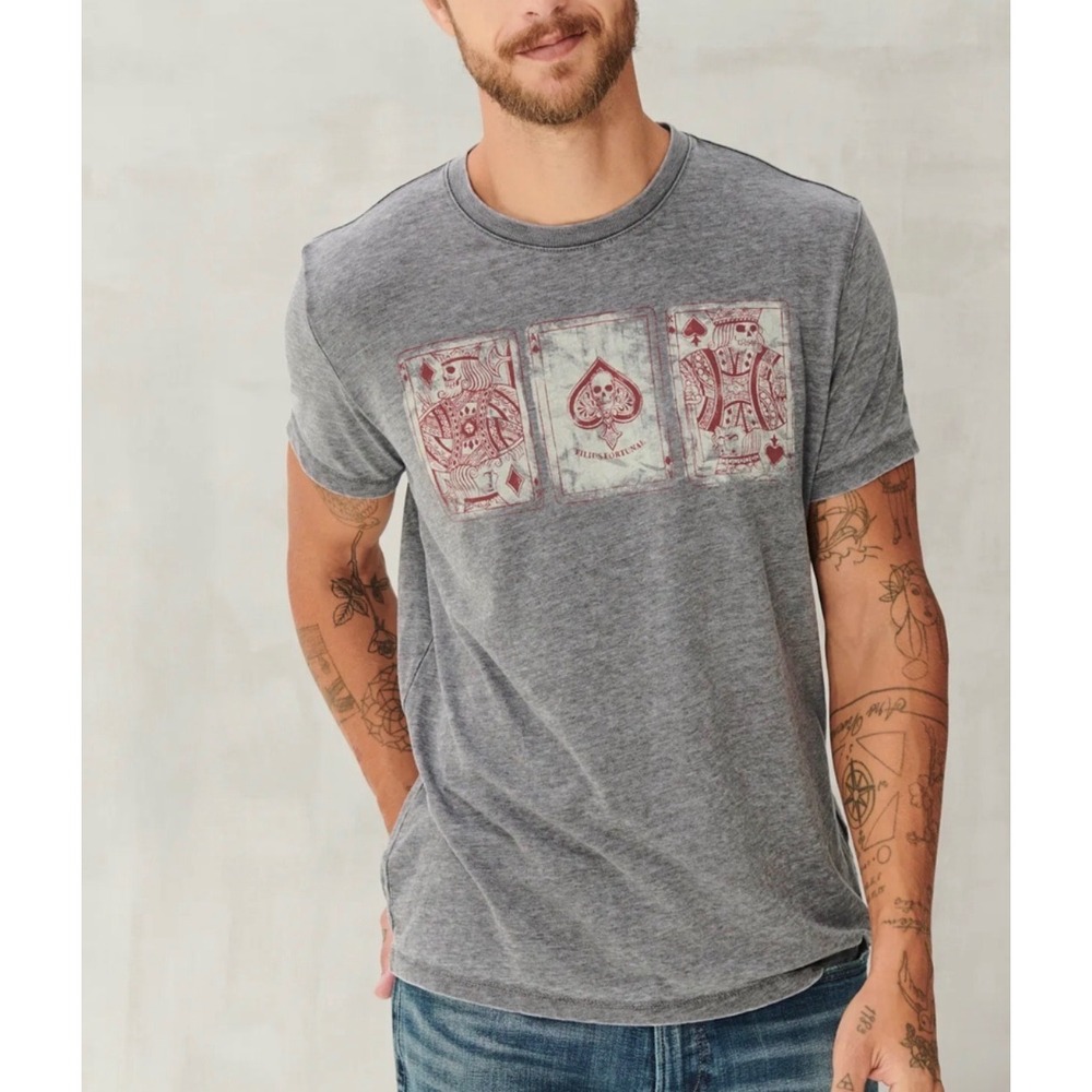 Lucky Brand Mens Venice Burnout Skeleton Playing Cards Graphic T-Shirt Grey L